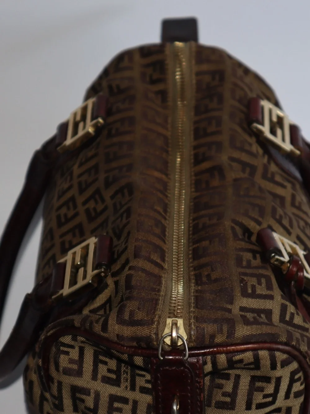Fendi Zucchino FF Bauletto Vintage Boston Bag Brown